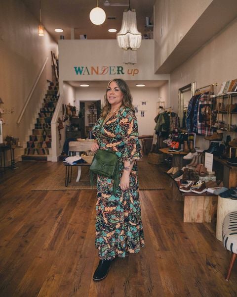 a new shipment of @bedstu bags have landed in the shop. one of our favorites is the hidden in this beautiful moss green that heather is rocking! come see us today, the shop is full of so many new goodies! #shoplocal #bedstu #welovegreen